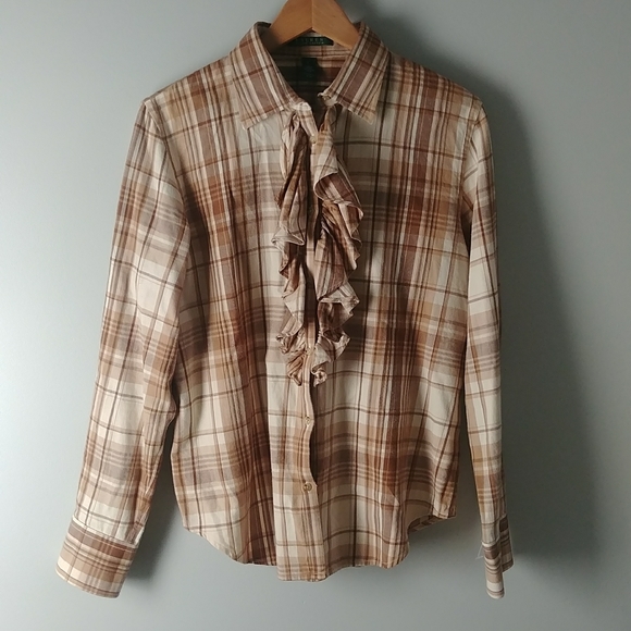 Lauren Ralph Lauren Plaid Long Sleeves With Ruffle Button Down Collared Front - Picture 1 of 6